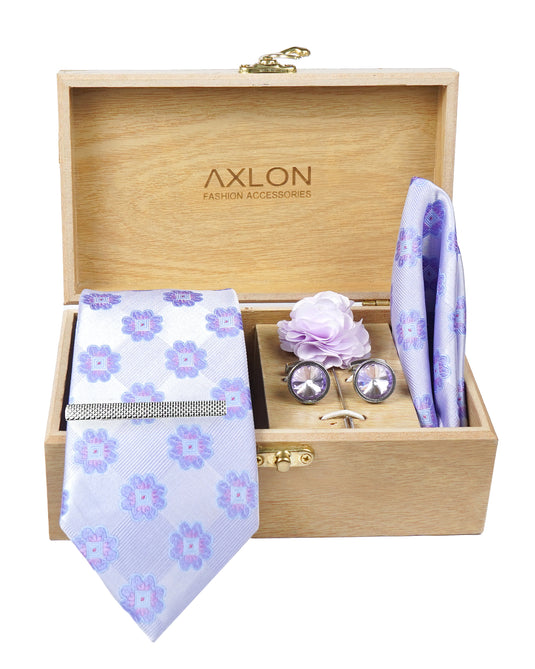 Axlon Tie Set for Men - Soft Lavender, floral | Necktie Gift Box with Cufflinks, Pocket Square & Lapel Pin