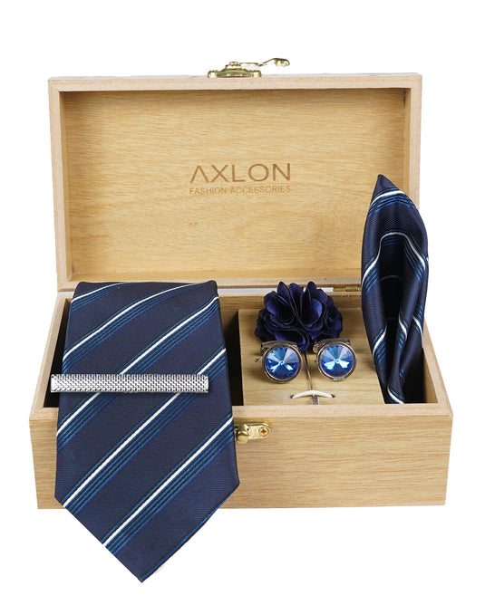 Axlon Tie Set for Men - Deep Navy Blue, striped | Necktie Gift Box with Cufflinks, Pocket Square & Lapel Pin