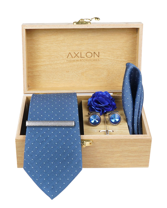 Axlon Tie Set for Men - Elegant Blue, dotted | Necktie Gift Box with Cufflinks, Pocket Square & Lapel Pin