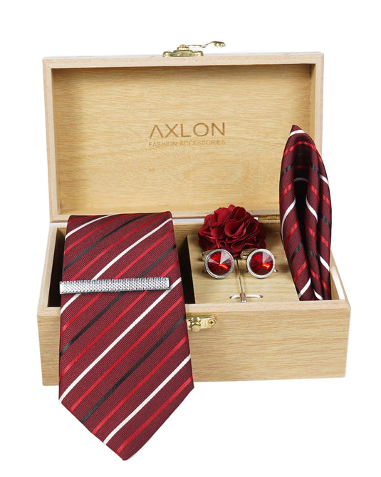 Axlon Tie Set for Men - Luxe Maroon, striped | Necktie Gift Box with Cufflinks, Pocket Square & Lapel Pin
