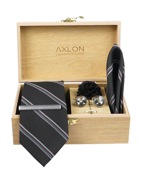 Axlon Tie Set for Men - Classic Black, striped | Necktie Gift Box with Cufflinks, Pocket Square & Lapel Pin