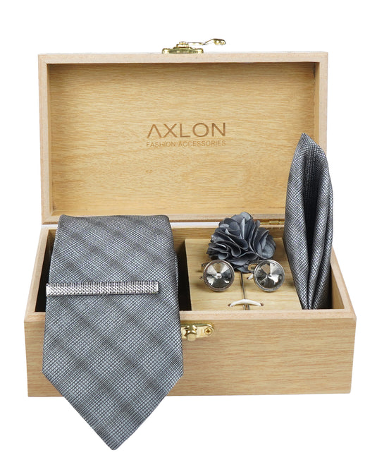 Axlon Tie Set for Men - Metallic Silver, checkered | Necktie Gift Box with Cufflinks, Pocket Square & Lapel Pin