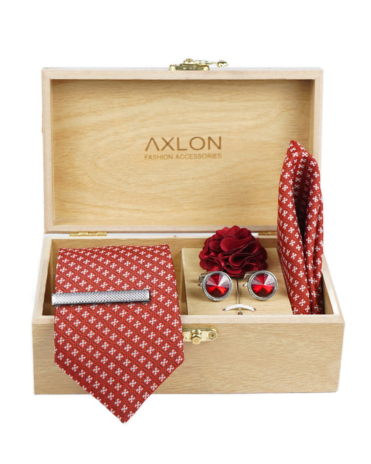 Axlon Tie Set for Men - Luxe Maroon, geometric | Necktie Gift Box with Cufflinks, Pocket Square & Lapel Pin