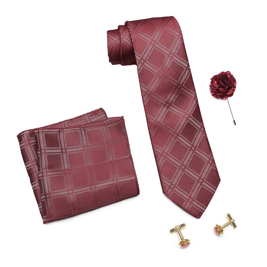 Axlon Men's Micro Polyester Broad Checkered Necktie Set with Pocket Square, Brooch Pin and Cufflinks (Dark Red, Free Size)