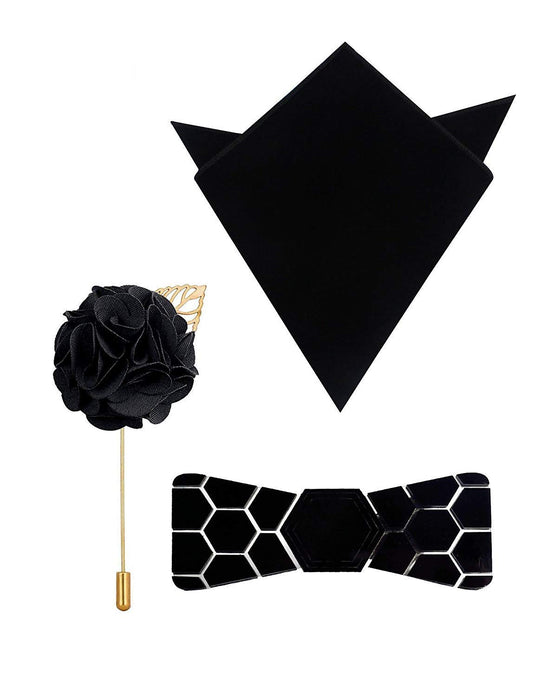 Axlon Mirror Pre Tied Reversible Metallic Mirror Tie Pocket Square and Brooch Pin Bow Tie for Men - Honey Comb (Free Size, Black Silver)