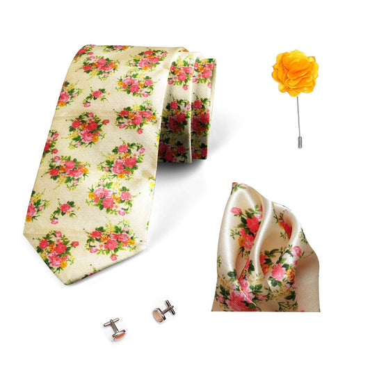 Axlon Men's Micro Polyester Floral Necktie Set with Pocket Square and Brooch Pin (Beige ,Free Size)