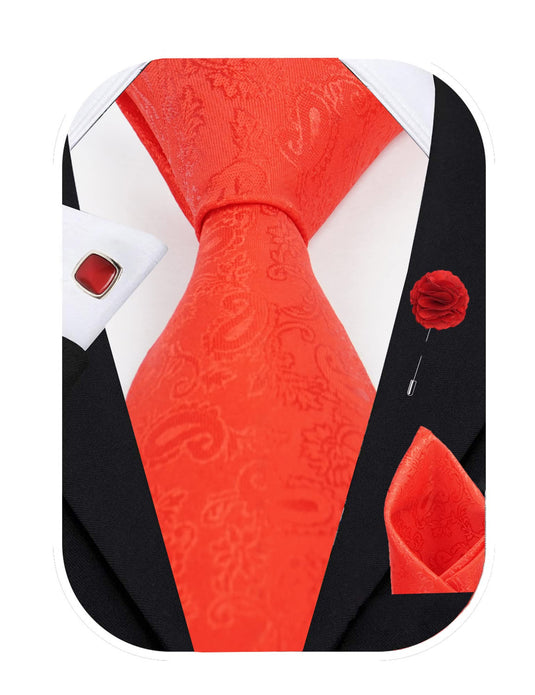 AXLON Mens Plaid Pasiley Silk Necktie Gift Set With Pocket Square Cufflinks & Brooch Pin Formal Tie With Leatherite Box (JCRX Free Size) | (Leather Gift Box) (Pack of 4)