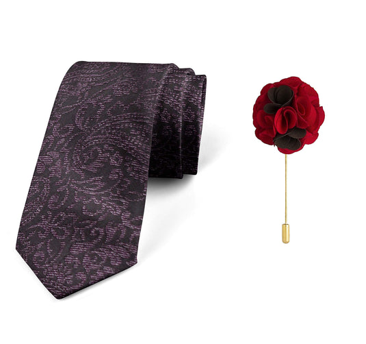 AXLON Men's Micro Polyester Paisley Necktie Set with Pocket Square and Brooch Pin (Dark Purple, Free Size)
