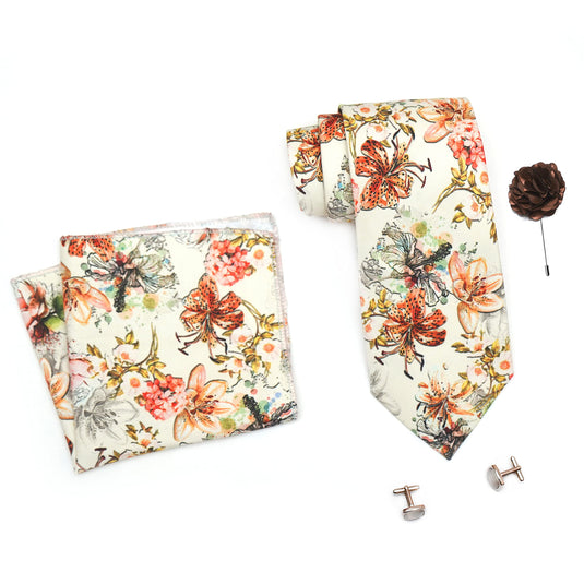 RIZORO Mens Plaid Boho Printed Silk Necktie Gift Set With Pocket Square Cufflinks & Brooch Pin Formal Tie With Leatherite Box (BOHORX Free Size) | (Leather Gift Box) (Pack of 4)