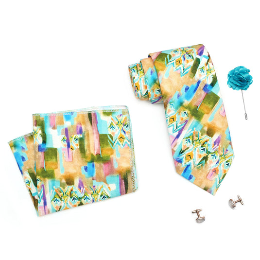 RIZORO Mens Plaid Boho Printed Silk Necktie Gift Set With Pocket Square Cufflinks & Brooch Pin Formal Tie With Leatherite Box (BOHORX Free Size) | (Leather Gift Box) (Pack of 4)