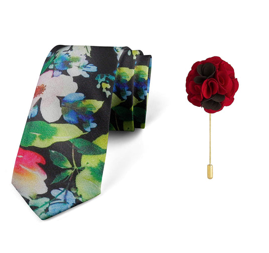 AXLONMen's Micro Polyester Floral Necktie Set with Pocket Square and Brooch Pin (Black ,Free Size)