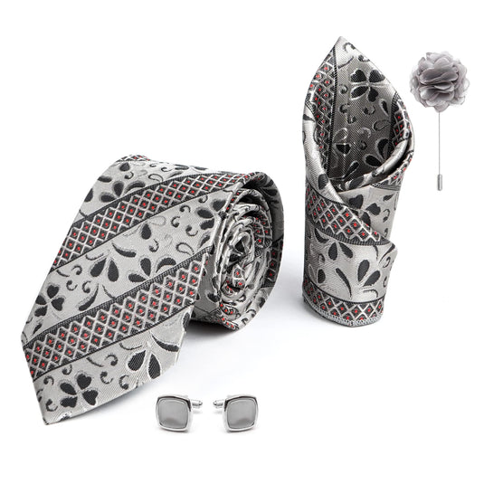 RIZORO Mens Plaid Pasiley Silk Necktie Gift Set With Pocket Square Cufflinks & Brooch Pin Formal Tie With Leatherite Box (AS1RX Free Size) | (Leather Gift Box) (Pack of 4)