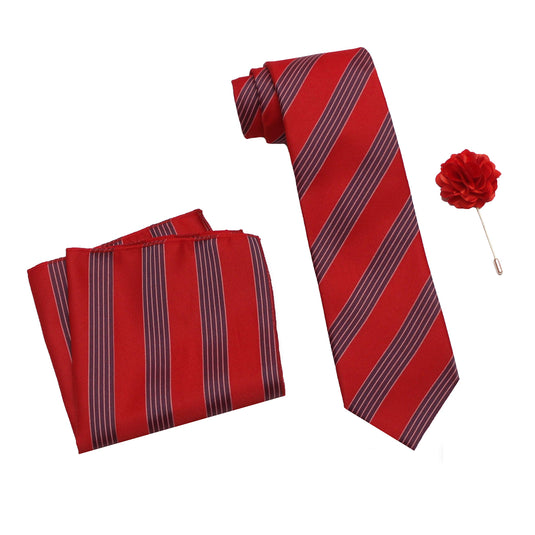 RIZORO Mens Plaid Stripped Silk Necktie Tie Gift Set With Pocket Square & Brooch Pin Formal Tie Set (S6RS, Free Size)