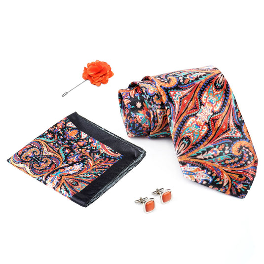 RIZORO Black Red Mens Paisley Micro Print Silk Necktie Gift Set With Pocket Square Cufflinks & Brooch Pin Formal Tie With Wooden Box Free Size | (Wooden Gift Box ) (Pack of 4) (RPL_15)