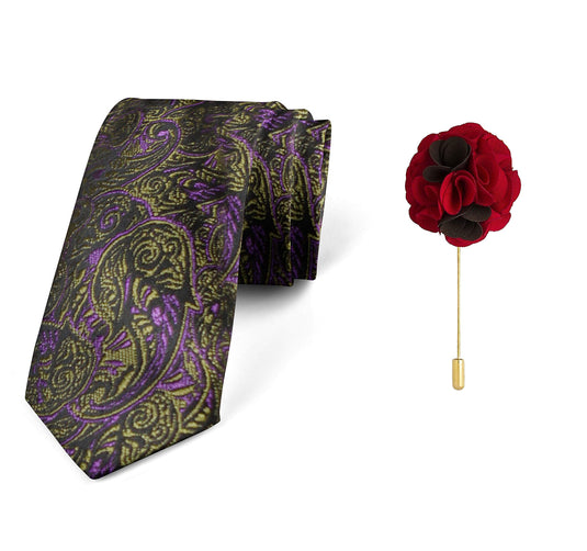 AXLONMen's Micro Polyester Paisley Necktie Set with Pocket Square and Brooch Pin (Golden Purple, Free Size)
