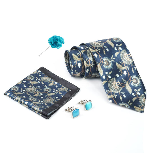 RIZORO Navy Blue Mens Paisley Micro Print Silk Necktie Gift Set With Pocket Square Cufflinks & Brooch Pin Formal Tie With Wooden Box Free Size | (Wooden Gift Box ) (Pack of 4) (RPL_38)