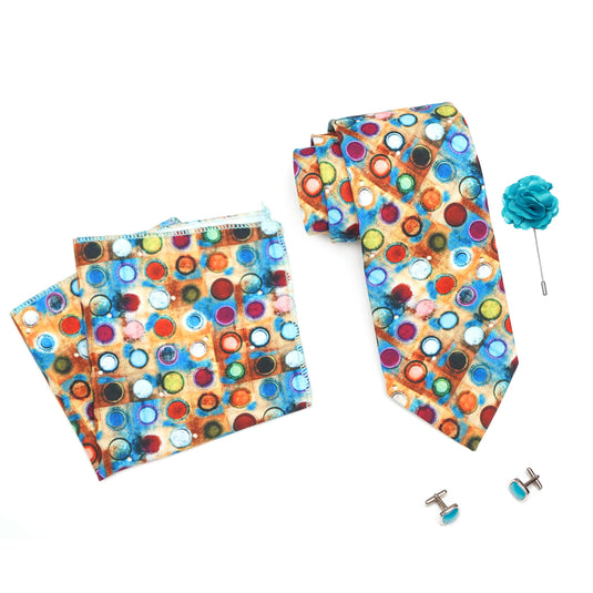 RIZORO Mens Plaid Boho Printed Silk Necktie Gift Set With Pocket Square Cufflinks & Brooch Pin Formal Tie With Leatherite Box (BOHORX Free Size) | (Leather Gift Box) (Pack of 4)