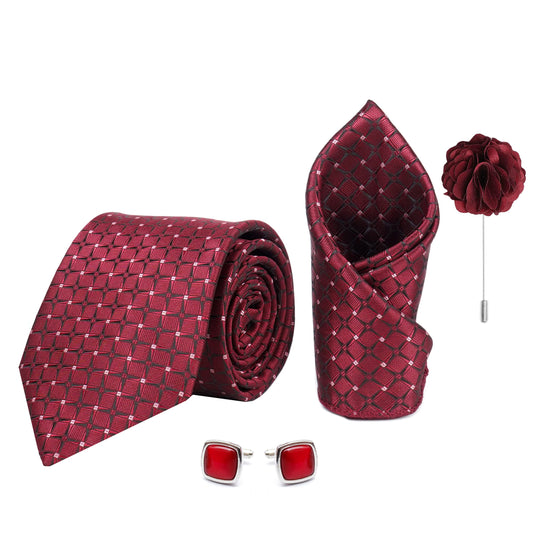 Axlon Men's Plaid Micro Wooven Silk Necktie Gift Set With Pocket Square Cufflinks & Brooch Pin Tie for Men Formal Tie Set with Gift Box (Pack of 4) (AX11_7, Maroon)