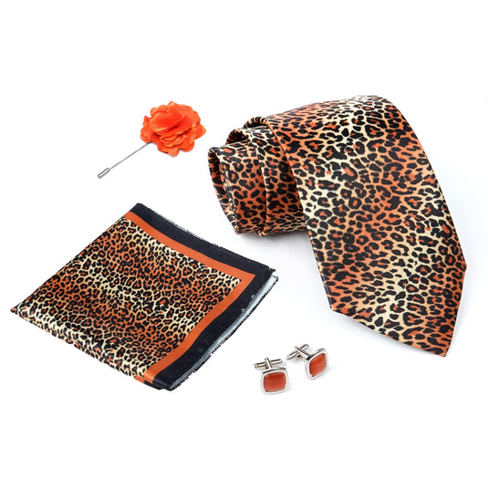 RIZORO Gold Black Mens Paisley Micro Print Silk Necktie Gift Set With Pocket Square Cufflinks & Brooch Pin Formal Tie With Wooden Box Free Size | (Wooden Gift Box ) (Pack of 4) (RPL_25)