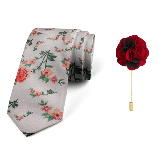 AXLONMen's Micro Polyester Floral Necktie Set with Pocket Square and Brooch Pin (Pink ,Free Size)