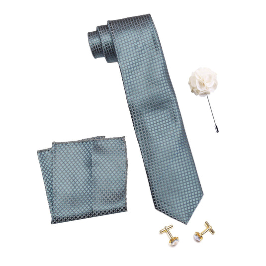 Axlon Men's Micro Polyester Dotted Necktie Set with Pocket Square, Brooch Pin and Cufflinks (Silver, Free Size)