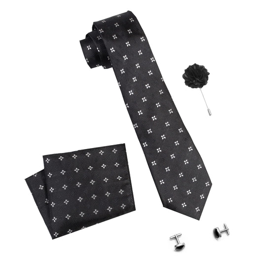 RIZORO Mens Plaid Dotted Silk Necktie Gift Set With Pocket Square Cufflinks & Brooch Pin Formal Tie With Leatherite Box (4D2RX Free Size) | (Leather Gift Box) (Pack of 4)