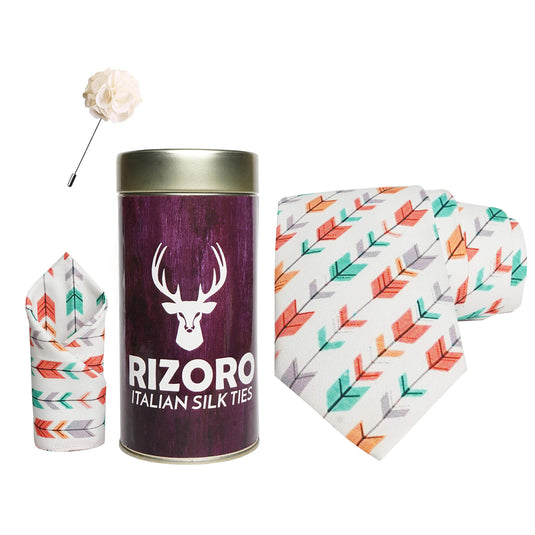 RIZORO Mens Plaid Boho Printed Silk Necktie Gift Set With Pocket Square & Brooch Pin Formal Tie Combo (Multi-Coloured 10, BOHOM10RT, Free Size)