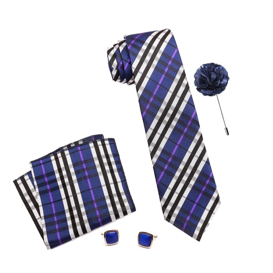 RIZORO Mens Plaid Checkered Silk Necktie Gift Set With Pocket Square Cufflinks & Brooch Pin Formal Tie With Leatherite Box (Blue BURXLRX Free Size)