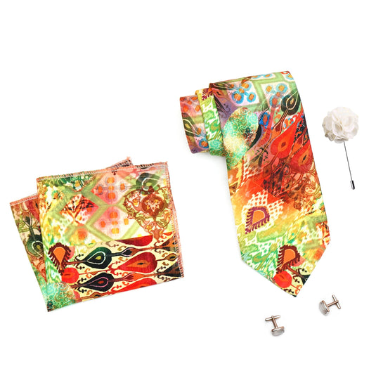 RIZORO Mens Plaid Boho Printed Silk Necktie Gift Set With Pocket Square Cufflinks & Brooch Pin Formal Tie With Leatherite Box (BOHORX Free Size) | (Leather Gift Box) (Pack of 4)