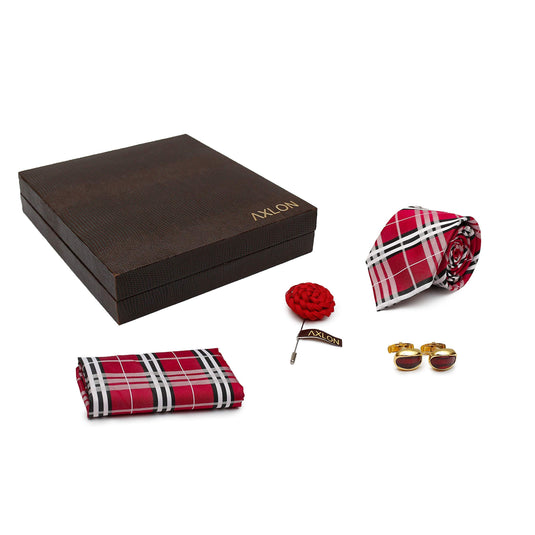 Axlon Men Silk Stain Resistant Check Print Neck Tie Accessory Gift Set- Magenta(Free Size)