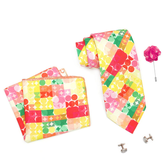 RIZORO Mens Plaid Boho Printed Silk Necktie Gift Set With Pocket Square Cufflinks & Brooch Pin Formal Tie With Leatherite Box (BOHORX Free Size) | (Leather Gift Box) (Pack of 4)