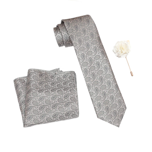 RIZORO Mens Plaid Pasiley Silk Necktie Tie Gift Set With Pocket Square & Brooch Pin Formal Tie Set (AMBM1RS, Free Size)