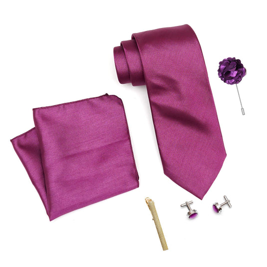 RIZORO Mens Plaid Micro Self Silk Solid Purple Necktie Gift Set With Pocket Square Cufflinks Brooch Pin Men Tie Clip Formal Tie With Wooden Box For Gifting (RW_50, Free Size)