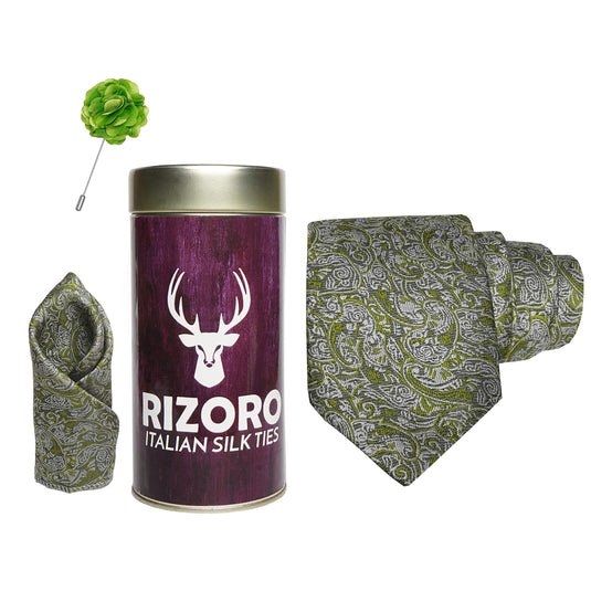 RIZORO Mens Plaid Pasiley Silk Necktie Gift Set With Pocket Square & Brooch Pin Formal Tie Combo (PARRT, Free Size)