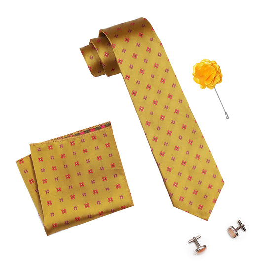 RIZORO Mens Plaid Dotted Silk Necktie Gift Set With Pocket Square Cufflinks & Brooch Pin Formal Tie With Leatherite Box (4D2RX Free Size) | (Leather Gift Box) (Pack of 4)