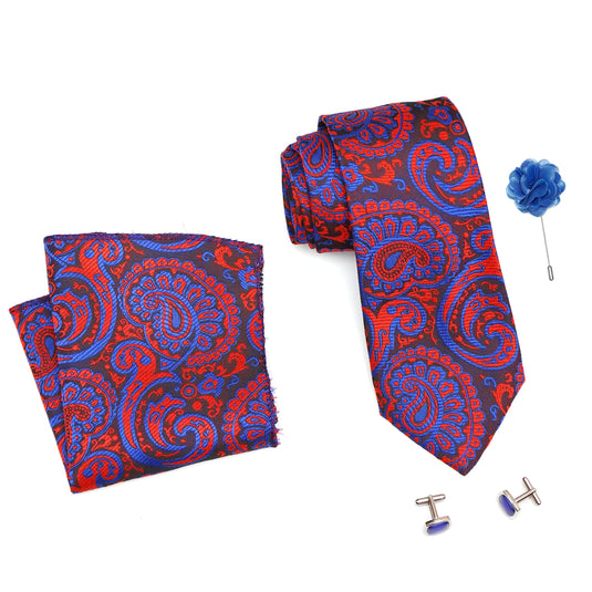 RIZORO Mens Plaid Paisley Silk Necktie Gift Set With Pocket Square Cufflinks & Brooch Pin Formal Tie With Leatherite Box (Blue AMBI5BLRX Free Size)