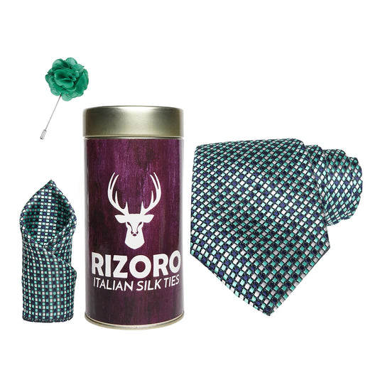 RIZORO Mens Plaid Dotted Silk Necktie Gift Set With Pocket Square & Brooch Pin Formal Tie Combo (A14RT, Free Size)