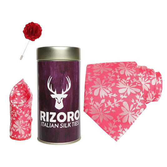 RIZORO Mens Plaid Pasiley Silk Necktie Gift Set With Pocket Square & Brooch Pin Formal Tie Combo (PUNRT, Free Size)