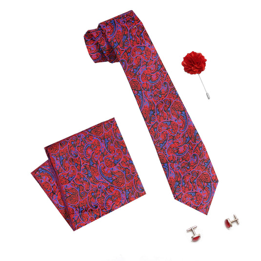 nu-Lite Men's Micro Polyester Casual Formal Printed Necktie Set with Pocket Square, Brooch Pin and Cufflinks (Red-Blue, Free Size)