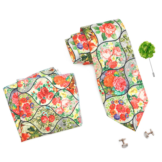 RIZORO Mens Plaid Boho Printed Silk Necktie Gift Set With Pocket Square Cufflinks & Brooch Pin Formal Tie With Leatherite Box (BOHORX Free Size) | (Leather Gift Box) (Pack of 4)