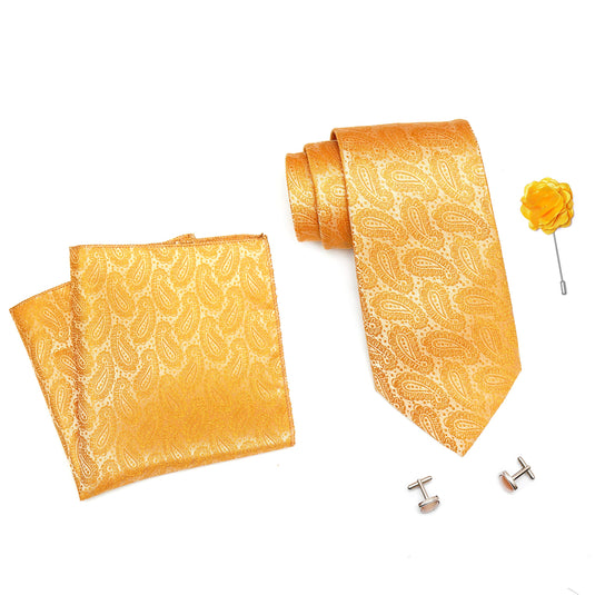 RIZORO Mens Plaid Pasiley Silk Necktie Tie Gift Set With Pocket Square, Cufflinks & Brooch Pin Formal Tie With Leatherite Box (AMBM1RB, Free Size)