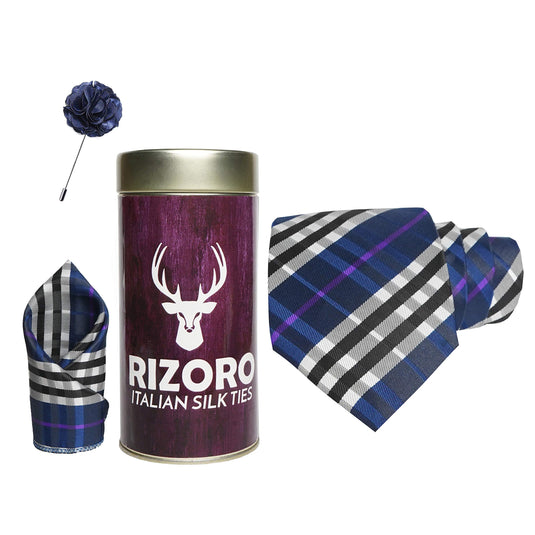 RIZORO Mens Plaid Checkered Silk Necktie Gift Set With Pocket Square & Brooch Pin Formal Tie Combo (BURRT, Free Size)