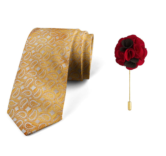 AXLON Men's Micro Polyester Paisley Necktie Set with Pocket Square and Brooch Pin (Peach Yellow, Free Size)