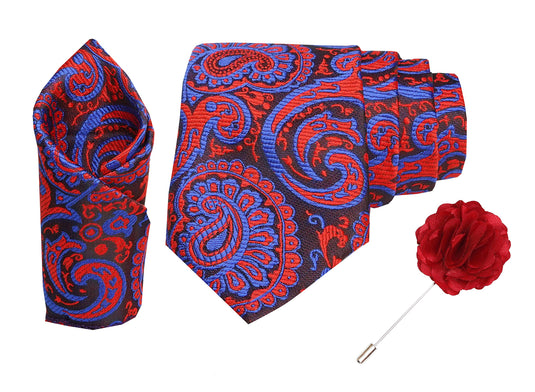 RIZORO Men Paisley Micro Fibre Necktie Gift Set With Pocket Square Cufflinks & Brooch Pin Formal Tie (Beige AMBM1BGRB Free Size)