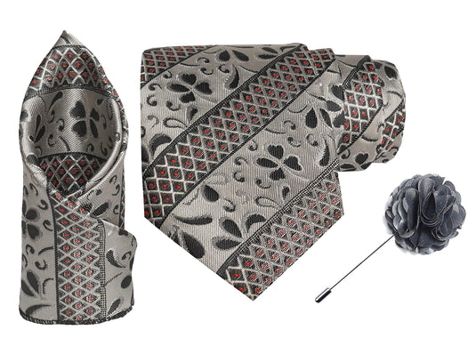 RIZORO Mens Plaid Pasiley Silk Necktie Tie Gift Set With Pocket Square & Brooch Pin Formal Tie Set (AS1RS, Free Size)