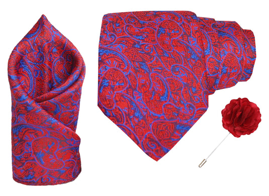 RIZORO Men Paisley Micro Fibre Necktie Gift Set With Pocket Square & Brooch Pin Formal Tie (Turquoise PARTRRS Free Size)