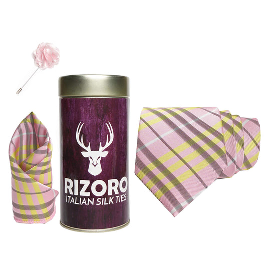 RIZORO Mens Plaid Checkered Silk Necktie Gift Set With Pocket Square & Brooch Pin Formal Tie Combo (BURRT, Free Size)