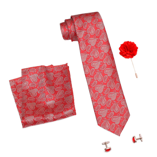 AXLONFormal/Casual Printed Polyester Necktie Set with Pocket Square, Brooch Pin and Cufflinks for Men (Free Size, Red)