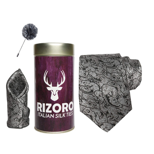 RIZORO Mens Plaid Pasiley Silk Necktie Gift Set With Pocket Square & Brooch Pin Formal Tie Combo (PARRT, Free Size)