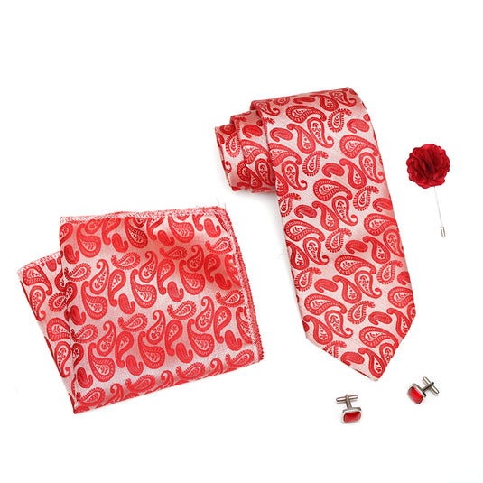 RIZORO Mens Plaid Paisley Silk Necktie Tie Gift Set With Pocket Square, Cufflinks & Brooch Pin Formal Tie With Leatherite Box (Red, AMBI1RDRB, Free Size)